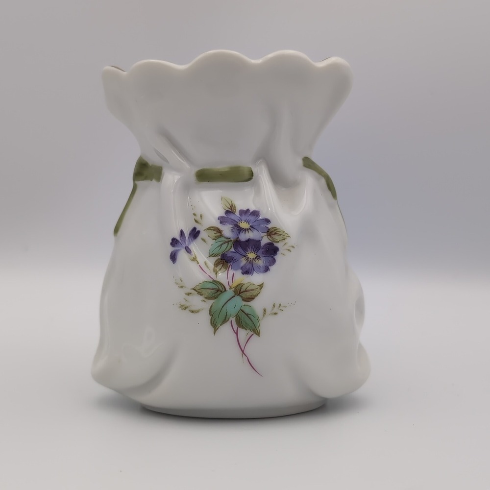 Vintage Lefton China 03733 Hand Painted Japan Sack Bag Vase Purple Flower Violet